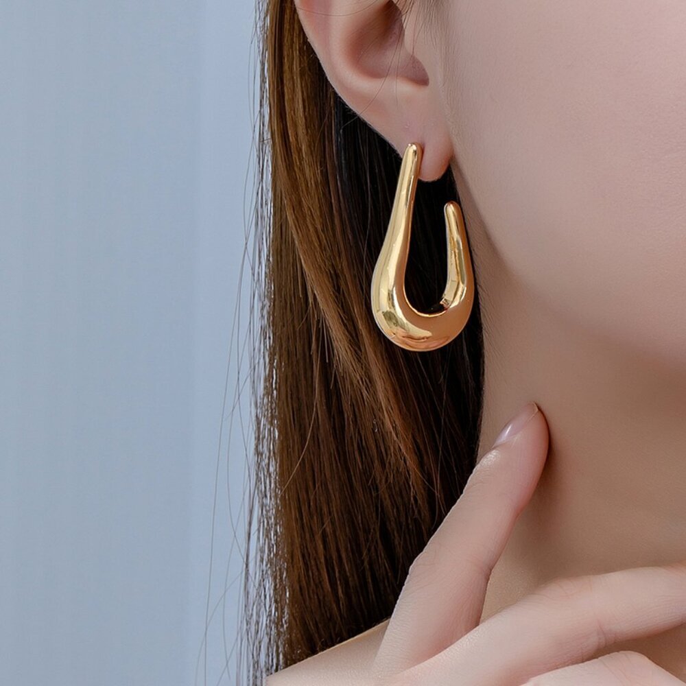 NEW 14K Gold Plated Organic Curved Chunky U-Shape Hoop Earrings